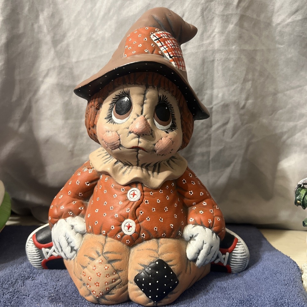 Vintage Ceramic Hand Painted Scarecrow Figurine Fall Decor Halloween 1970s